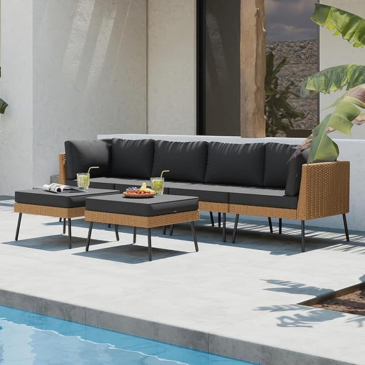Aoxun 6 Piece Patio Furniture Set, 6 Seats Outdoor Sectional Sofas with Thick Cushion, Wicker Outdoor Patio Furniture Set with Ottomans for Party, Garden, Backyard, Black