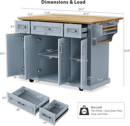 JIJIWANG 54" Large Kitchen Island with Drop Leaf and Storage, Embossed Texture Rolling Kitchen Cart on 4 Wheels with 4 Doors and 3 Drawers for Dining Room, Grey Blue