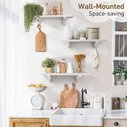 Wooden Floating Shelves for Wall, 15.7" W x 6" D x 0.6" H Large Wall Shelves, Hanging Storage Shelf with Hooks for Living Room, Kitchen, Bathroom, Bedroom Decor, White, 3 Packs
