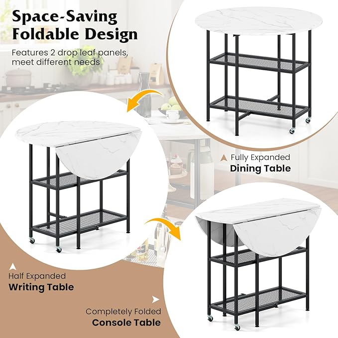 Giantex 40" Folding Dining Table with Lockable Wheels, Storage Shelves, Space-Saving Drop Leaf, Movable & Expandable Round Kitchen Table for Dinette Small Place Apartment Living Room (White)
