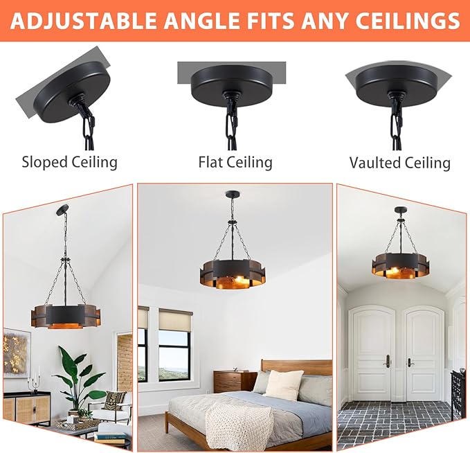 Modern Farmhouse Chandelier 19.7" Industrial Drum Pendant Lighting Fixture Large 4-Light Black Walnut Grain Finish for Dining Room Kitchen Island Office Living Room