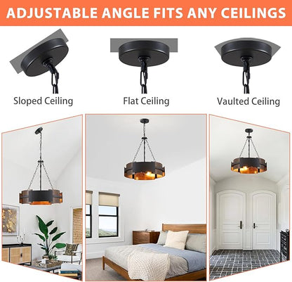 Modern Farmhouse Chandelier 19.7" Industrial Drum Pendant Lighting Fixture Large 4-Light Black Walnut Grain Finish for Dining Room Kitchen Island Office Living Room