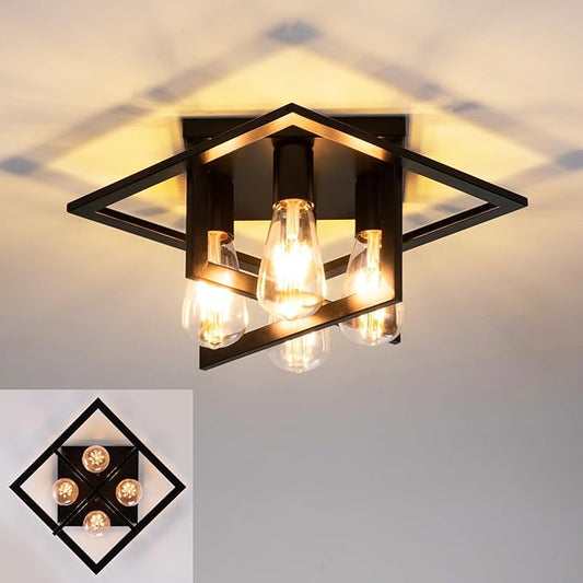 4 Light Industrial Ceiling Light Black Semi Flush Mount Lights Close to Ceiling Light Fixtures,frame cage design Farmhouse Ceiling Lighting for Kitchen Bedroom Bathroom Foyer Hallway (E26, 1Pack)