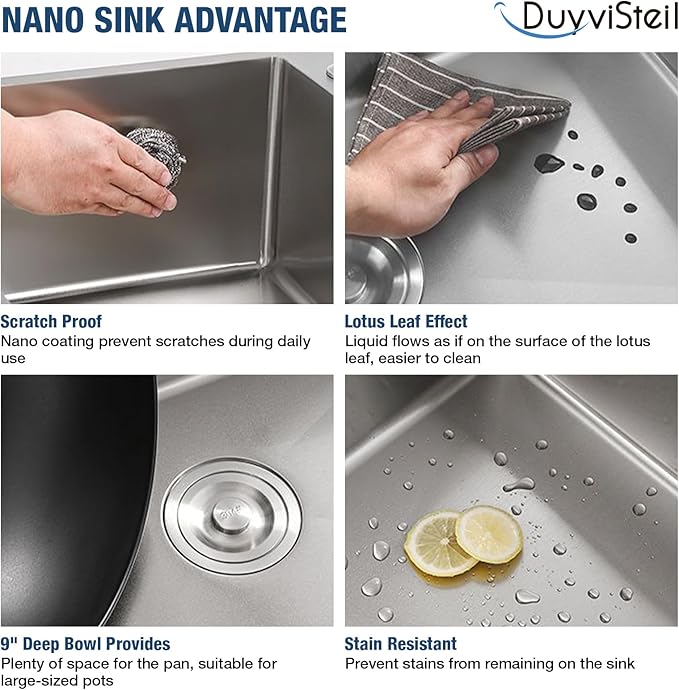 33 Inch Drop In Kitchen Sink, 16 Gauge Stainless Steel Kitchen Sink Single Bowl Sinks with Drain Strainer (33"x19"x9")