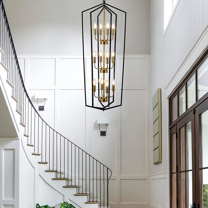 Lanhall 12-Light Lantern Tired Foyer Entryway Hanging Lights Farmhouse High Ceiling Pendant Lights Industrial Chandelier for Hall Foyer Entryway Living Room-Brushed Brass
