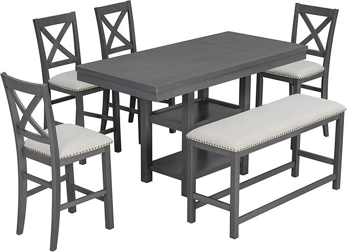 Solid Wood Counter Height Dining Table Set for 6, Expandable Bar Table with 4 Chairs and a Bench, Farmhouse Kitchen Table Set with 2-Tier Storage Shelves for Dinning Room Living Room (Gray-4.9)