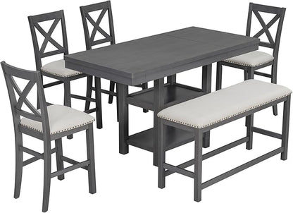 Solid Wood Counter Height Dining Table Set for 6, Expandable Bar Table with 4 Chairs and a Bench, Farmhouse Kitchen Table Set with 2-Tier Storage Shelves for Dinning Room Living Room (Gray-4.9)