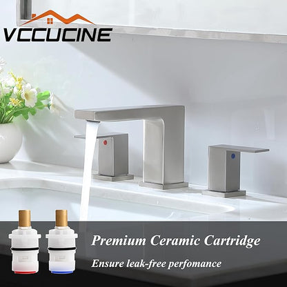 VC CUCINE Brushed Nickel 3 Hole Bathroom Faucet, 2 Handles, 8 Inch, Modern Vanity Sink Faucet with Drain and Supply Lines