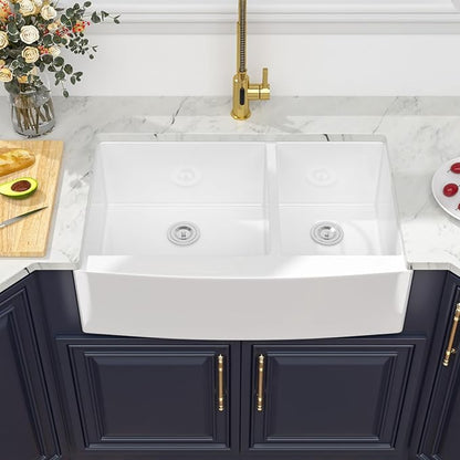 Kichae 33 White Farmhouse Sink Double Bowl - Kichae 33x21 Inch Kitchen Sink Apron Front Fireclay Ceramic Porcelain White Double Basin 60/40 Kitchen Sink
