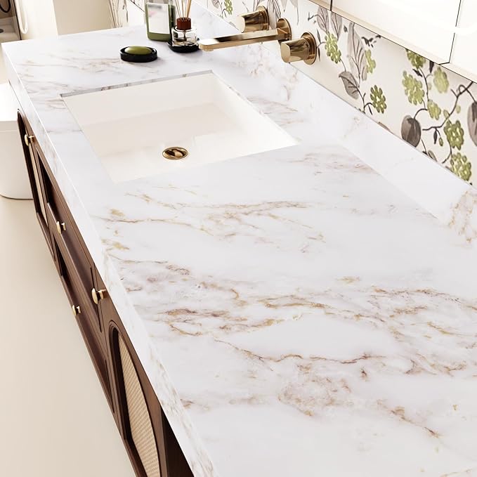 Wallercity White Gold Marble Contact Paper for Countertops Self Adhesive Peel and Stick Granite Wallapper Marble Wall Paper for Kitchen Counter Top Old Furniture Cabinets Shelf Liner Wrap 24''x315''