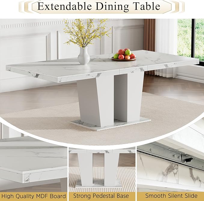 9-Piece Extendable Dining Table Set for 6-8 People 63-78 Inch Kitchen Table Set with 8 Beige Upholstered Chairs Modern White Faux Marble Rectangular Dining Room Table Set for Kitchen Apartment