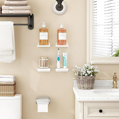 Fixwal Small Shelf for Wall, Rustic Wood Floating Wall Mounted Shelves for Bedroom, Living Room, Kitchen, Bathroom Decor, Set of 4, 5 x 5 Inches (White)