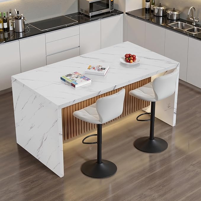 63" Large Modern Rectangle Dining Table for 4-6 People, Imitation Marble Island Table with LED Lights for Kitchen,Dining Room, Bar, Office, Living Room