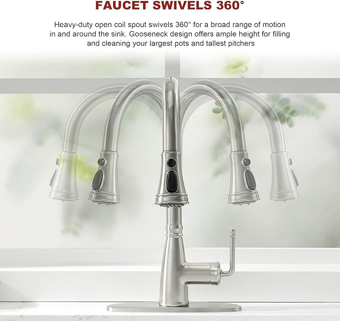 Kitchen Faucet with Pull Down Sprayer, 17 inch Brushed Nickel Antique Single Handle Pull Out Kitchen Sink Faucet with Deck Plate for Classic Modern Ktichen