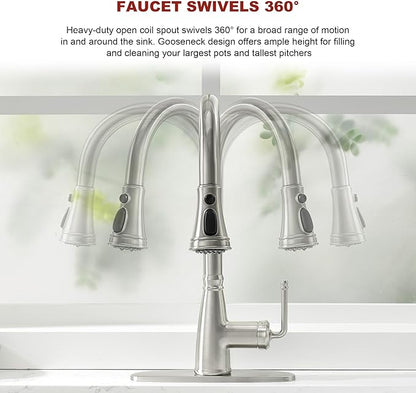 Kitchen Faucet with Pull Down Sprayer, 17 inch Brushed Nickel Antique Single Handle Pull Out Kitchen Sink Faucet with Deck Plate for Classic Modern Ktichen
