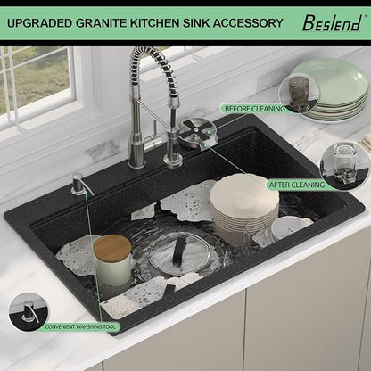 33 Granite Composite Kitchen Sink - Beslend 33x22 Drop In Black Kitchen Sink with High Pressure Glass Rinser, Granite Composite Worksation Black Sinks Easy Clean Quartz Basin for Kitchen Remodel