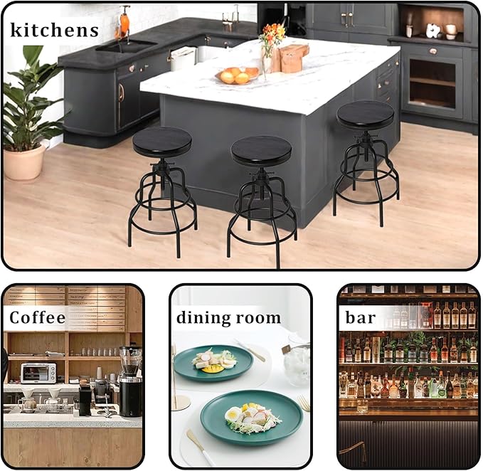 LOKKHAN 4-Pack Industrial Bar Stools, Heavy-Duty Black Metal Frame with Ergonomic Wood Seat, 360° Swivel Function, Height Adjustable (23.6" to 29.5") - Sturdy Design for Home & Commercial Use