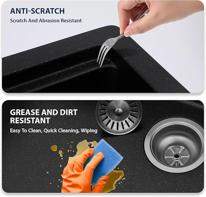 Logmey 30 Inch Granite Composite Kitchen Sink Black Undermount Sink Ledge Single Bowl Under Counter Deep Quartz Workstation Kitchen Sinks, 30x19x9