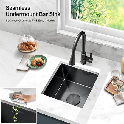 15x15 Gunmetal Black Bar Sink Undermount, Stainless Steel Single Bowl Handmade Square Wet Bar & Prep Under Counter Small Kitchen Sinks with Grid