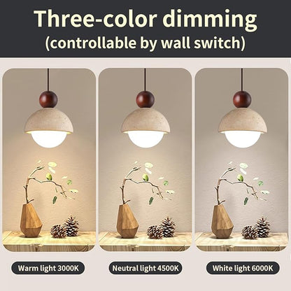 Japanese Wabi sabi Pendant Light with Natural Stone Shade, Dimmable Modern Wood Hanging Lamp Fixture, Adjustable Height Pendant Lamp for Bedroom, Kitchen Island, Dining Room, Restaurant, Cafe, Bar (I)