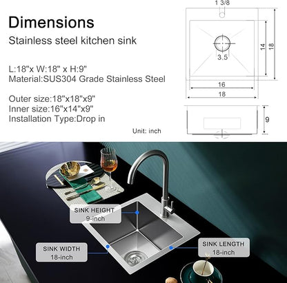 MENATT 18 inch Kitchen Sink Drop-In Brushed，304 Stainless Steel Handmade Single Faucet Hole Single Bowl Small Topmount Kitchen Bar Sink, D18" x W18" x H9"