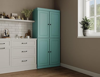 Palace Imports Solid Wood Kitchen Pantry Cabinet - 71.5" Tall x 32" Wide - Wooden Storage Cabinet with 4 Doors & Adjustable Shelves, Aqua, 100% Renewable Eco-Friendly Wood, Made in Brazil