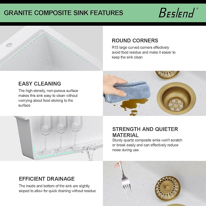 33 Granite Composite Kitchen Sink - Beslend 33x22 Drop In White Kitchen Sink with High Pressure Glass Rinser, Granite Composite Worksation White Sinks Easy Clean Quartz Basin for Kitchen Remodel