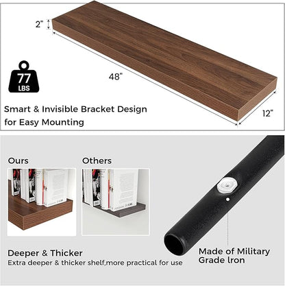 Venusmiles Floating Shelves for Wall, 48" W x 12" D x 2" H, 2 Pack of Long Wall Mounted Engineered Wood Shelves with Invisible Brackets for Living Room, Bedroom, Bathroom, Kitchen Decor, Walnut
