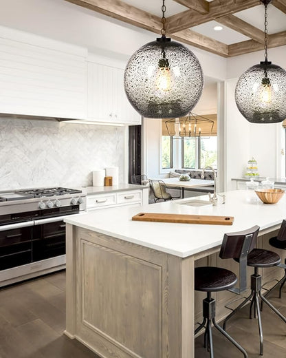 CASAMOTION Pendant Light Fixtures Hand Blown Glass Drop Ceiling Hanging Lighting Rustic Farmhouse Kitchen Island Clear Marble Large Globe Over Dining Room Table Entryway Hallway 15.6 Inch Height