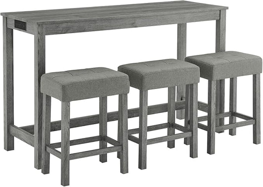 HMFULE 59'' Bar Table and Chairs Set with Power Outlet, Industrial Breakfast Table Set with 3 Padded Stools, Solid Wood Console Table Set for Living Dining Room, Grey