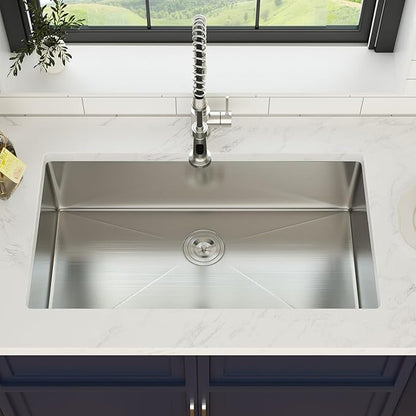 30 Inch Undermount Kitchen Sink 16 Gague Stainless Steel Handmade Single Bowl Sink Large Deep Under Counter Sinks, 30"x18"x9"