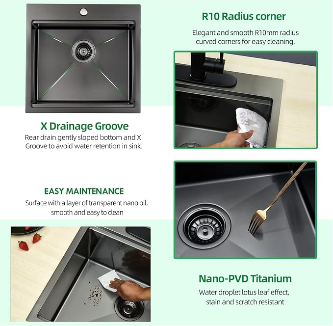 Kitchen Sink, 21 x 20 x 10 Drop in Kitchen Sink 16 Gauge Gunmetal Black Stainless Steel Workstation Sink Topmount Single Bowl with Cutting Board