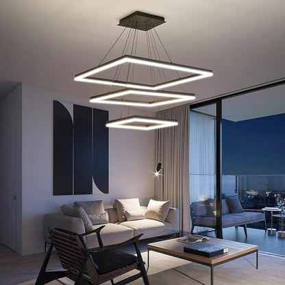 Modern LED Chandelier, 3 Ring Square LED Pendant Ceiling Light, Dimmable Foyer Chandelier Lighting Fixture, Adjustable Height Over Table Hanging Light for Living Dining Room, Bedroom, Study Room