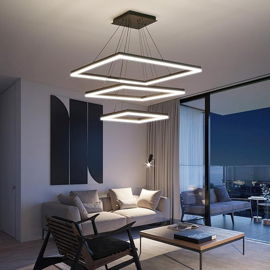 Modern LED Chandelier, 3 Ring Square LED Pendant Ceiling Light, Dimmable Foyer Chandelier Lighting Fixture, Adjustable Height Over Table Hanging Light for Living Dining Room, Bedroom, Study Room