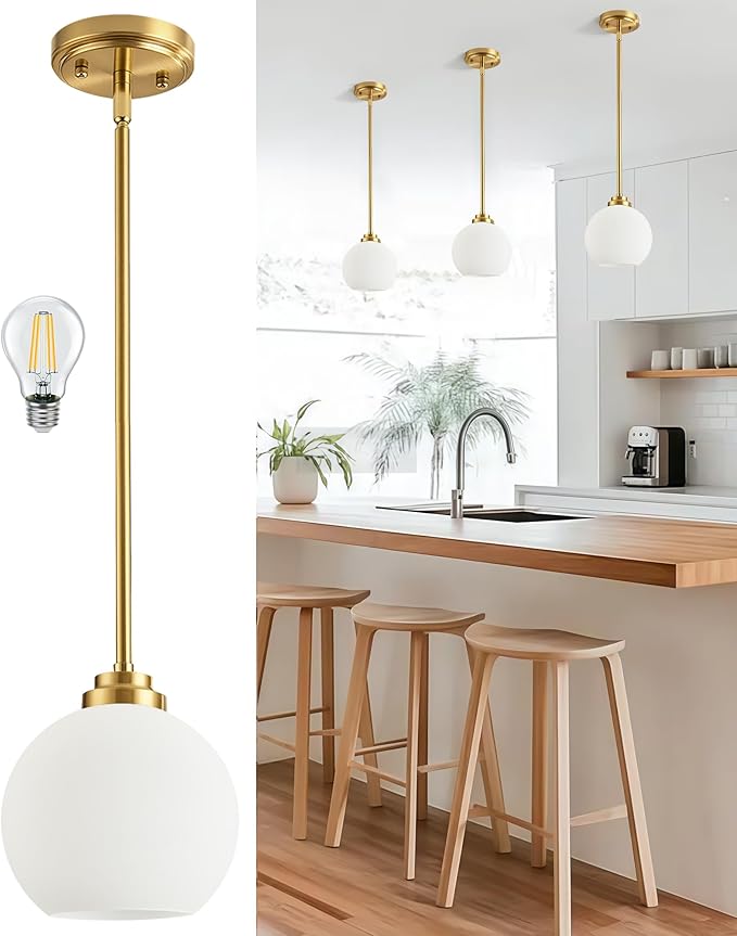 Majade Globe Pendant Lights Kitchen Island Pendant Light Fixtures 7.4 Inch Gold Mid Century Modern Brushed Brass Pendant Lighting with Milk Glass Adjustable Hanging Light Fixtures for Dining Room