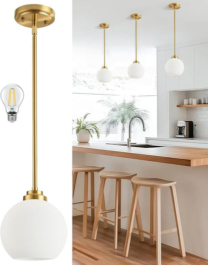 Majade Globe Pendant Lights Kitchen Island Pendant Light Fixtures 7.4 Inch Gold Mid Century Modern Brushed Brass Pendant Lighting with Milk Glass Adjustable Hanging Light Fixtures for Dining Room