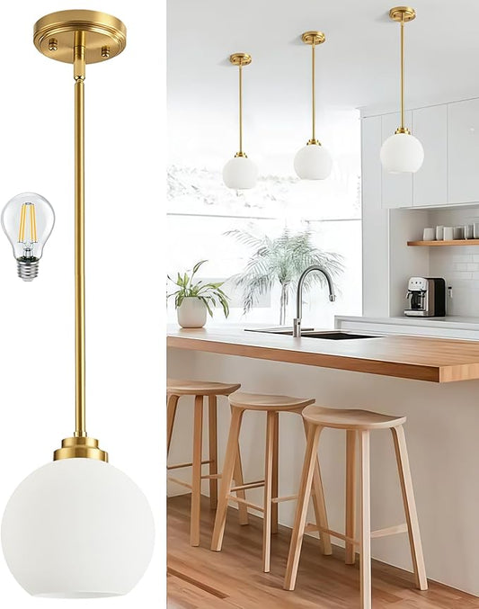 Majade Globe Pendant Lights Kitchen Island Pendant Light Fixtures 7.4 Inch Gold Mid Century Modern Brushed Brass Pendant Lighting with Milk Glass Adjustable Hanging Light Fixtures for Dining Room