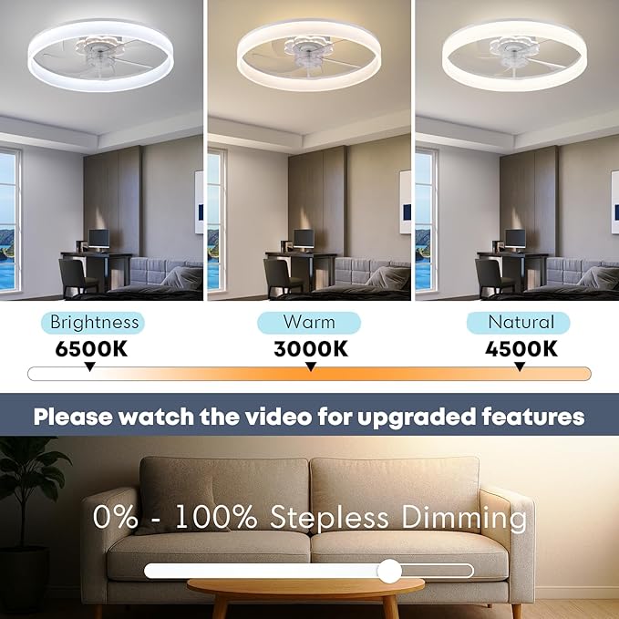 Fszdorj 20'' Ceiling Fan with Light, Upgraded Low Profile Fan, Flush Mount Ceiling Fan, 6 Speeds, Dimmable LED, App & Remote Control, Quiet DC Motor, for Bedroom, Living Room, F116 White