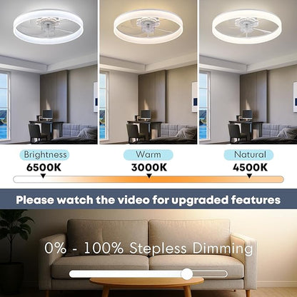 Fszdorj 20'' Ceiling Fan with Light, Upgraded Low Profile Fan, Flush Mount Ceiling Fan, 6 Speeds, Dimmable LED, App & Remote Control, Quiet DC Motor, for Bedroom, Living Room, F116 White