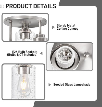 hykolity 3-Light Semi Flush Mount Ceiling Light, 9 Inch Brush Nickel Close to Ceiling Light Fixtures with Seeded Glass Shades, Modern Ceiling Lighting for Kitchen, Bedroom, Entryway, ETL Listed