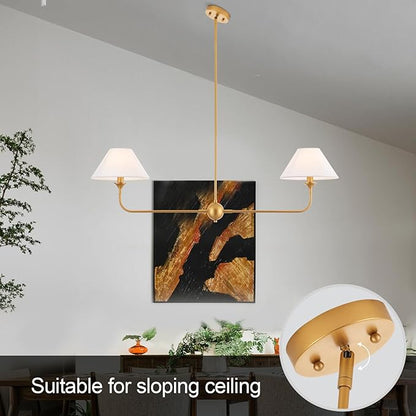 Modern Linear Chandeliers for Dining Room, Gold Island Light Fixtures with Off-White Fabric Shade, Rustic Linear Pendant Light for Kitchen