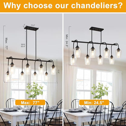 38" Dining Room Light Fixture/Chandelier Over Table, 8-Light Matte Black Kitchen Island Lighting with Clear Glass Shade, Modern Hanging Pendant Lights Fixture for Kitchen Island, Dining Room, Bar