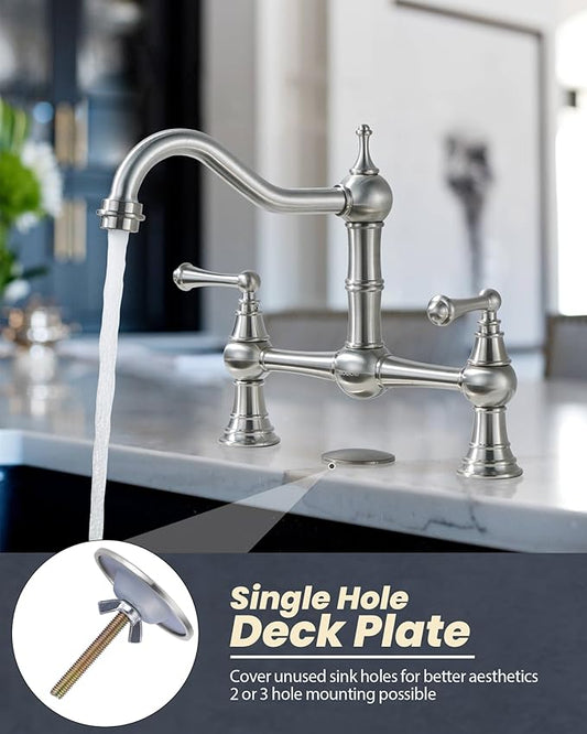 WOWOW Bridge Kitchen Faucet for Sink 2 or 3 Holes, Solid Brass Kitchen Sink Faucet 8-inch Centerset Deck Mount, Brushed Nickel Kitchen Faucet for Sink, RV, Laundry, Bar