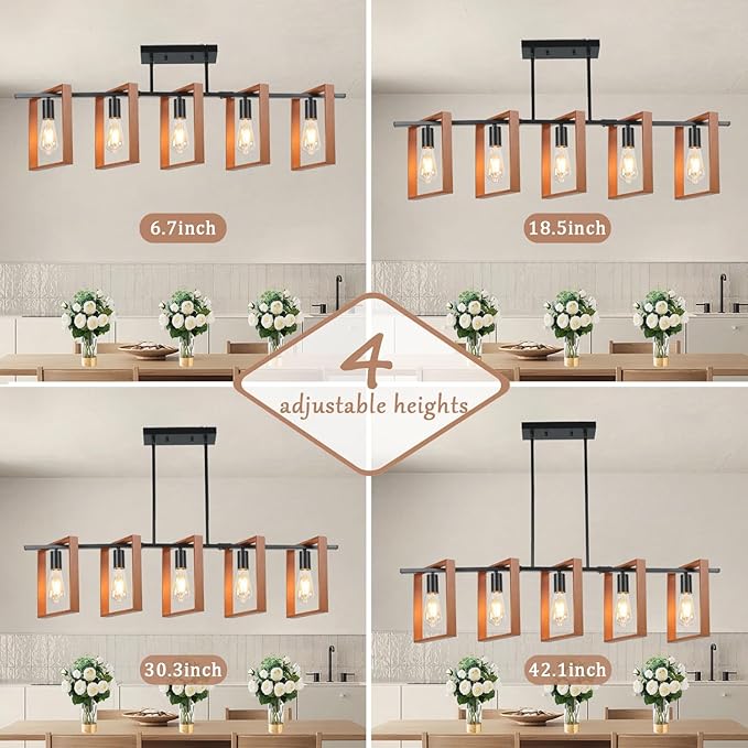 5-Light Farmhouse Kitchen Island Lighting, Adjustable Dining Room Light Fixtures, Black Rustic Wood Farmhouse Chandelier Hanging Ceiling Light for Kitchen,Bulbs Not Included