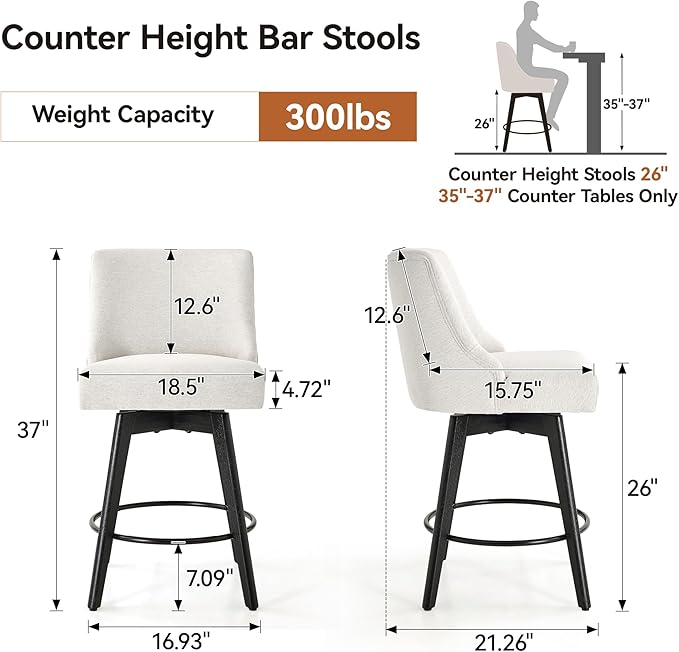 Counter Height Bar Stools Set of 3, Swivel Barstools with Backs and Wood Legs, Linen Fabric Upholstered Counter Stools for Kitchend Island, Mid-Century Modern 26" Seat Height Bar Chairs, Cream