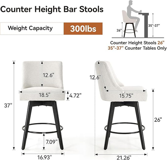 Counter Height Bar Stools Set of 3, Swivel Barstools with Backs and Wood Legs, Linen Fabric Upholstered Counter Stools for Kitchend Island, Mid-Century Modern 26" Seat Height Bar Chairs, Cream
