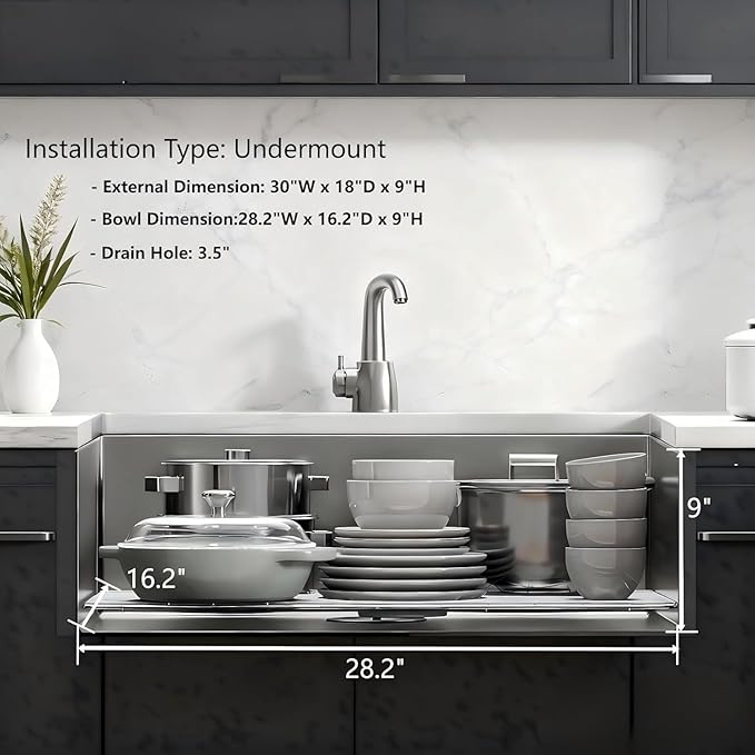 30-inch Undermount Kitchen Sink, S304 18 Gauge Stainless Steel Single Bowl Kitchen Sinks