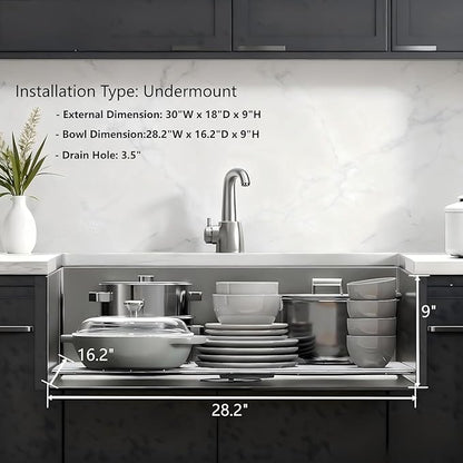 30-inch Undermount Kitchen Sink, S304 18 Gauge Stainless Steel Single Bowl Kitchen Sinks