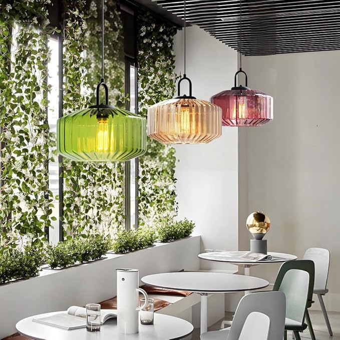 11-Inch Vintage Industrial Ribbed Glass Pendant Light Adjustable Height E26 Hanging Light for Kitchen Island Dining Room Bedroom Living Room Bar (Green)