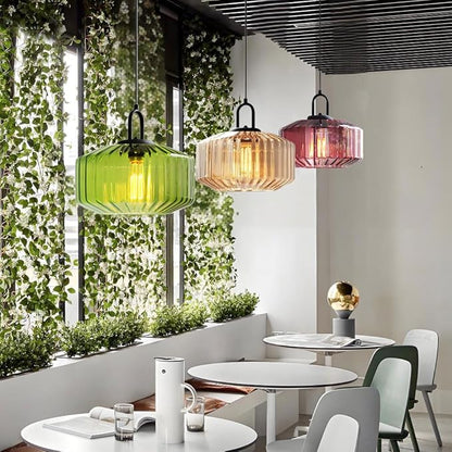 11-Inch Vintage Industrial Ribbed Glass Pendant Light Adjustable Height E26 Hanging Light for Kitchen Island Dining Room Bedroom Living Room Bar (Green)